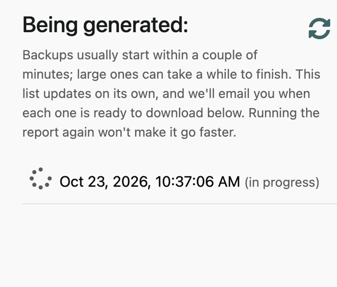 The Being generated list on the Invoice Backup report, with one backup in progress