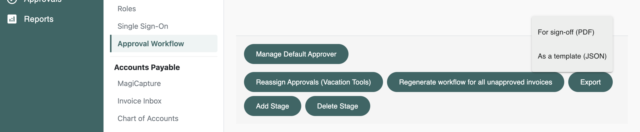 The Export menu on the Invoice Workflow page