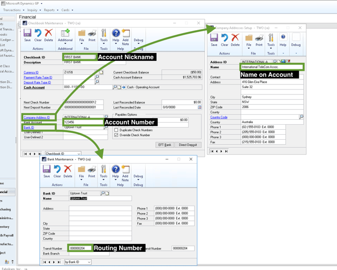 Checkbook Maintenance, Bank Maintenance and Company Addresses Setup in GP, with the Checkbook ID, Bank Account, Transit Number and address Name fields highlighted