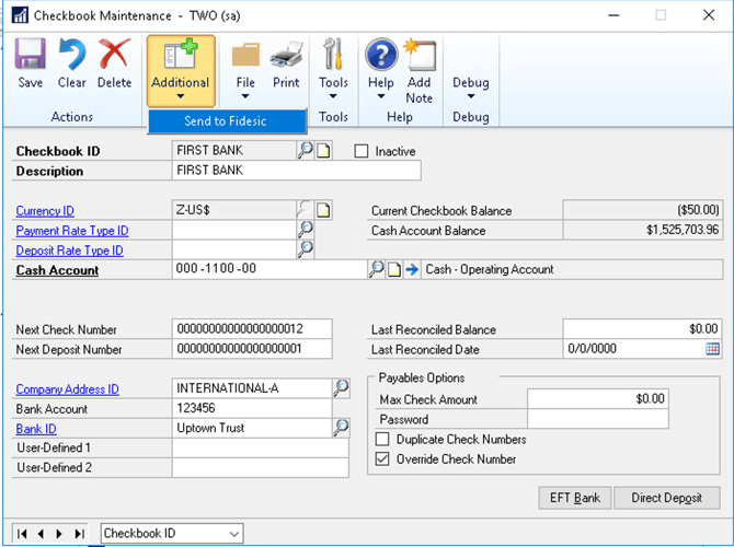 The Send to Fidesic option on the Additional menu of Checkbook Maintenance