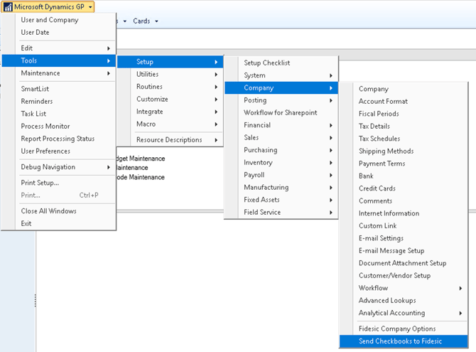 The Send Checkbooks to Fidesic option at the bottom of GP's Tools, Setup, Company menu