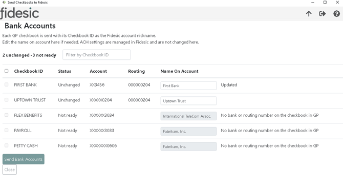 The Send Checkbooks to Fidesic window after sending, with Updated shown next to the checkbook that was sent