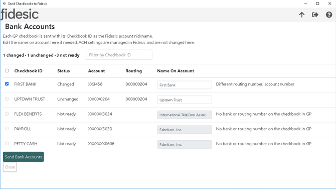 The Send Checkbooks to Fidesic window, listing checkbooks with their status, masked account number, routing number and name on account