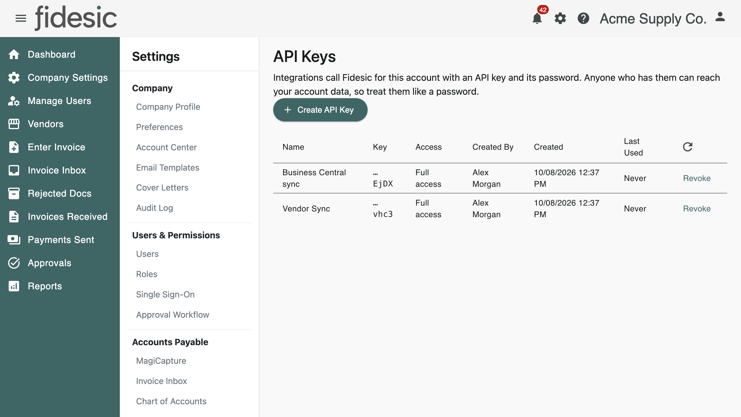 The API Keys page, with two keys in the list