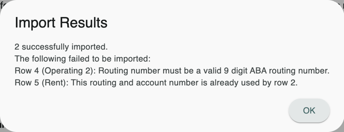 The Import Results window with two accounts imported and two rows skipped