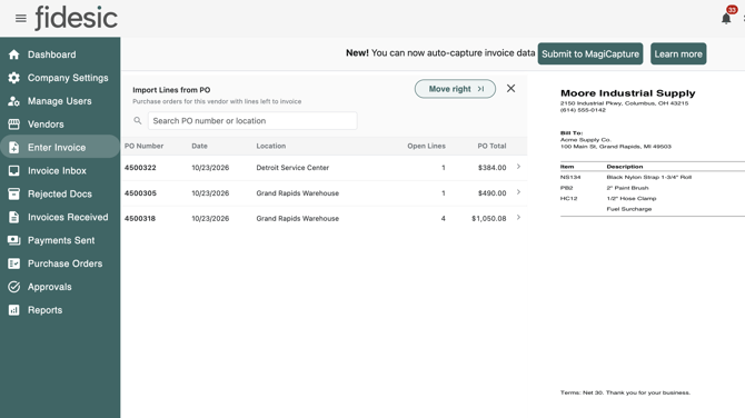 The Import Lines from PO panel beside the invoice document, listing the vendor's open POs with a search box