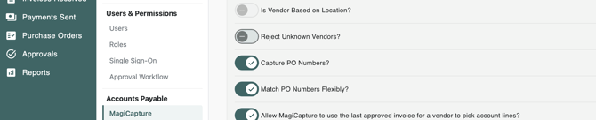 The MagiCapture settings with Capture PO Numbers and Match PO Numbers Flexibly turned on