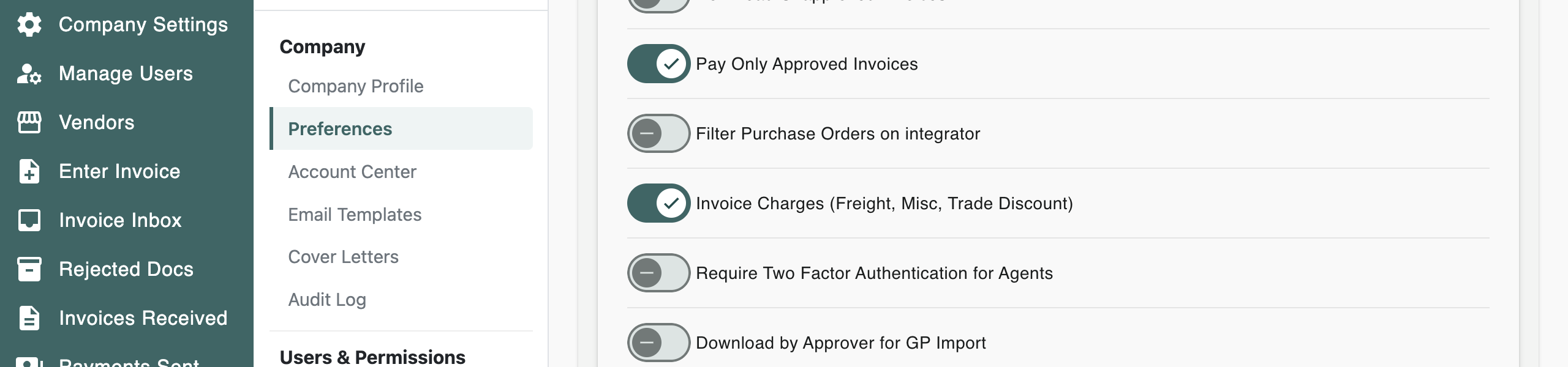 The Invoice Charges toggle on Preferences, turned on