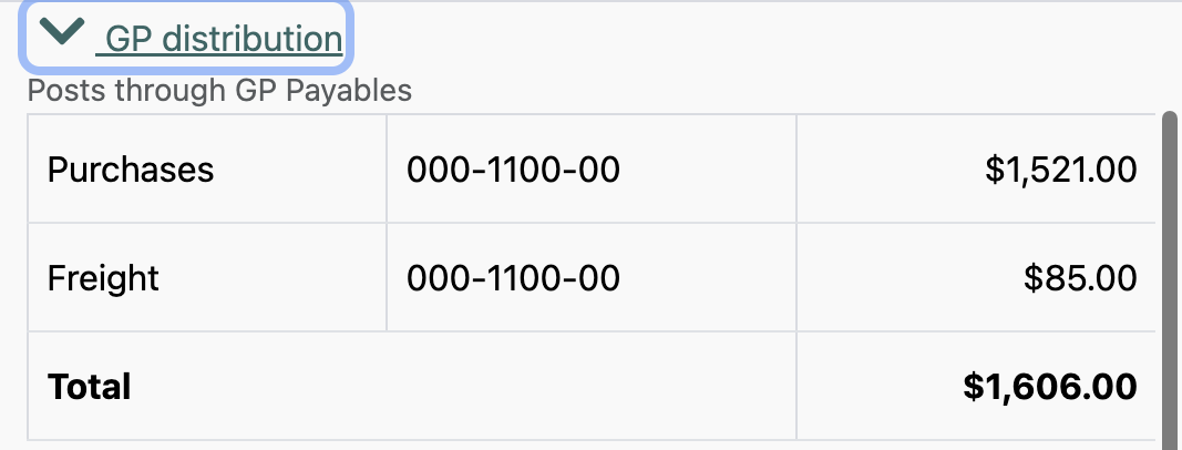 The GP distribution panel on an invoice