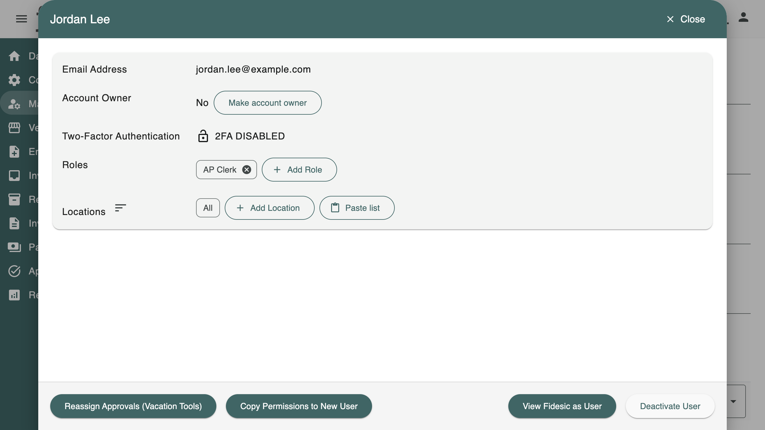 A user's card on the Users page, with the Account Owner row and the Make account owner button