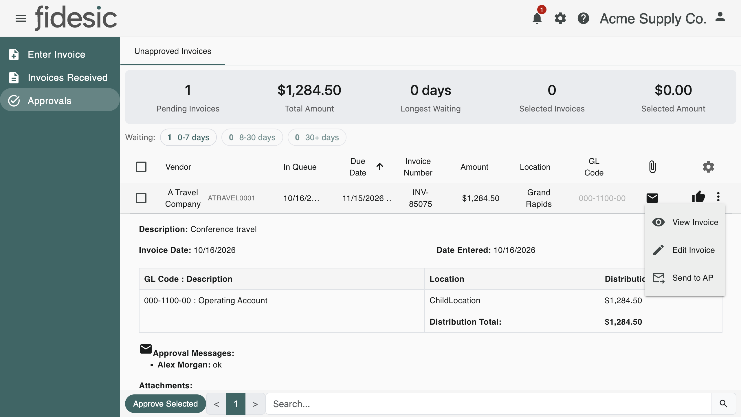 The Unapproved Invoices page with an invoice's menu open, showing Send to AP