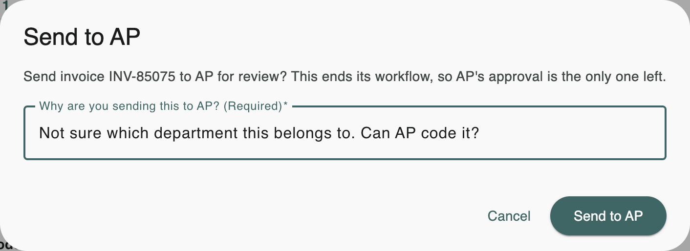 The Send to AP window with a note typed in