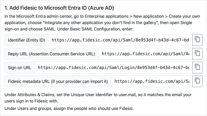 Card 1 on the Single Sign-On page, with the values to copy into the identity provider