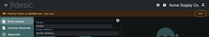 The banner reading Viewing Fidesic as Jordan Lee, view only, with an Exit button