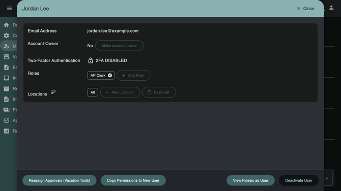 A user's card on the Users page, with the View Fidesic as User button at the bottom